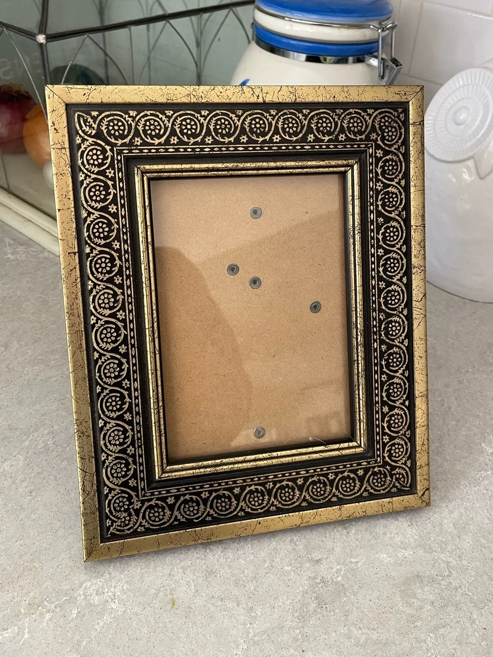 Vintage Gold and Black Picture Frame with original watercolor Floral Art 5x7”